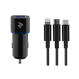 მანქანის USB დამტენი 2E ACR01 dual USBx2.1A  Cable 3 in 1 USB--Micro / Lightning / Type C / Black